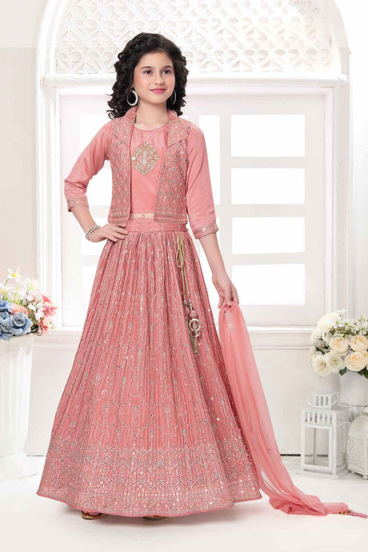 Peach Sequin Work And Embroidered Lehenga Choli Set For Girls