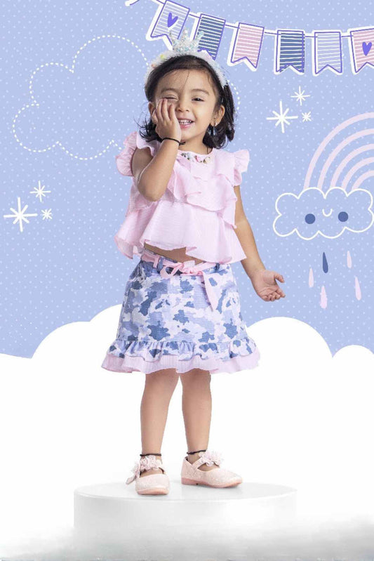 Pink Chiffon Top And Printed Skirt Set For Girls