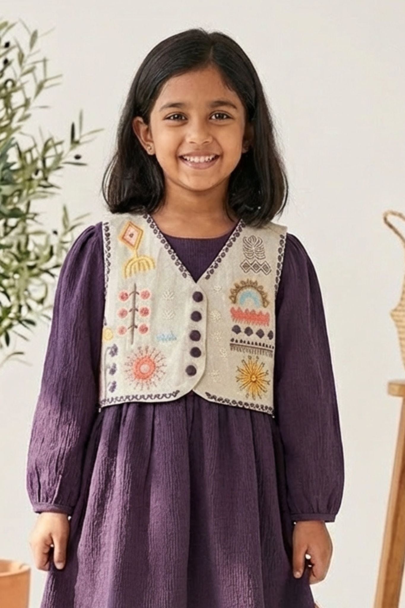Violet Dress with Embroidered Beige Vest For Girls