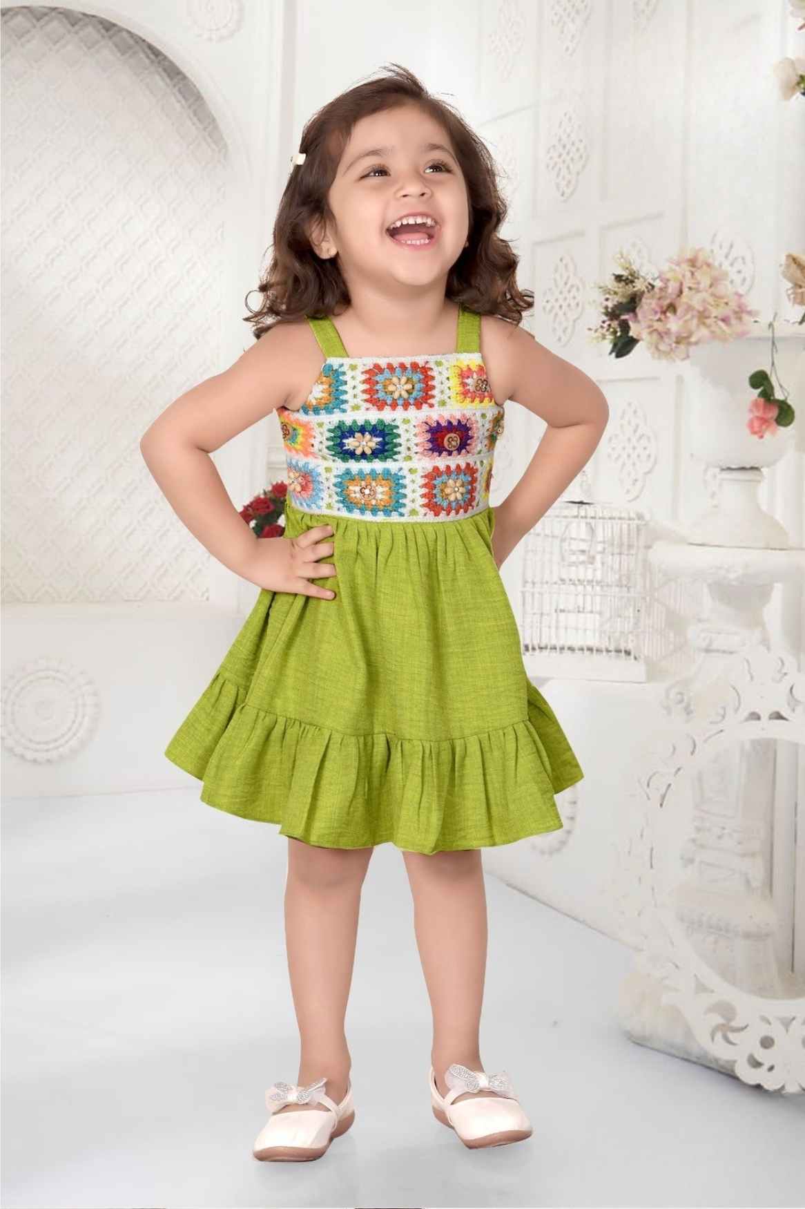 Elegant Green Frock With Crochet Embellished Frock For Girls