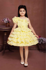 Lemon Yellow One Shoulder Sleeve And Floral Embellished Frock For Girls