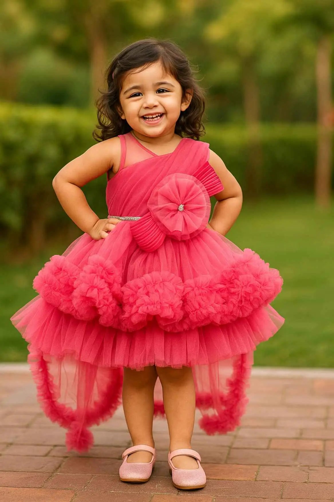 Dark Peach Floral Embellished Party Wear Tailback Frock For Girls