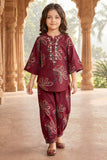 Maroon Floral Printed With Mirror Work Placket Co-ord Set For Girls