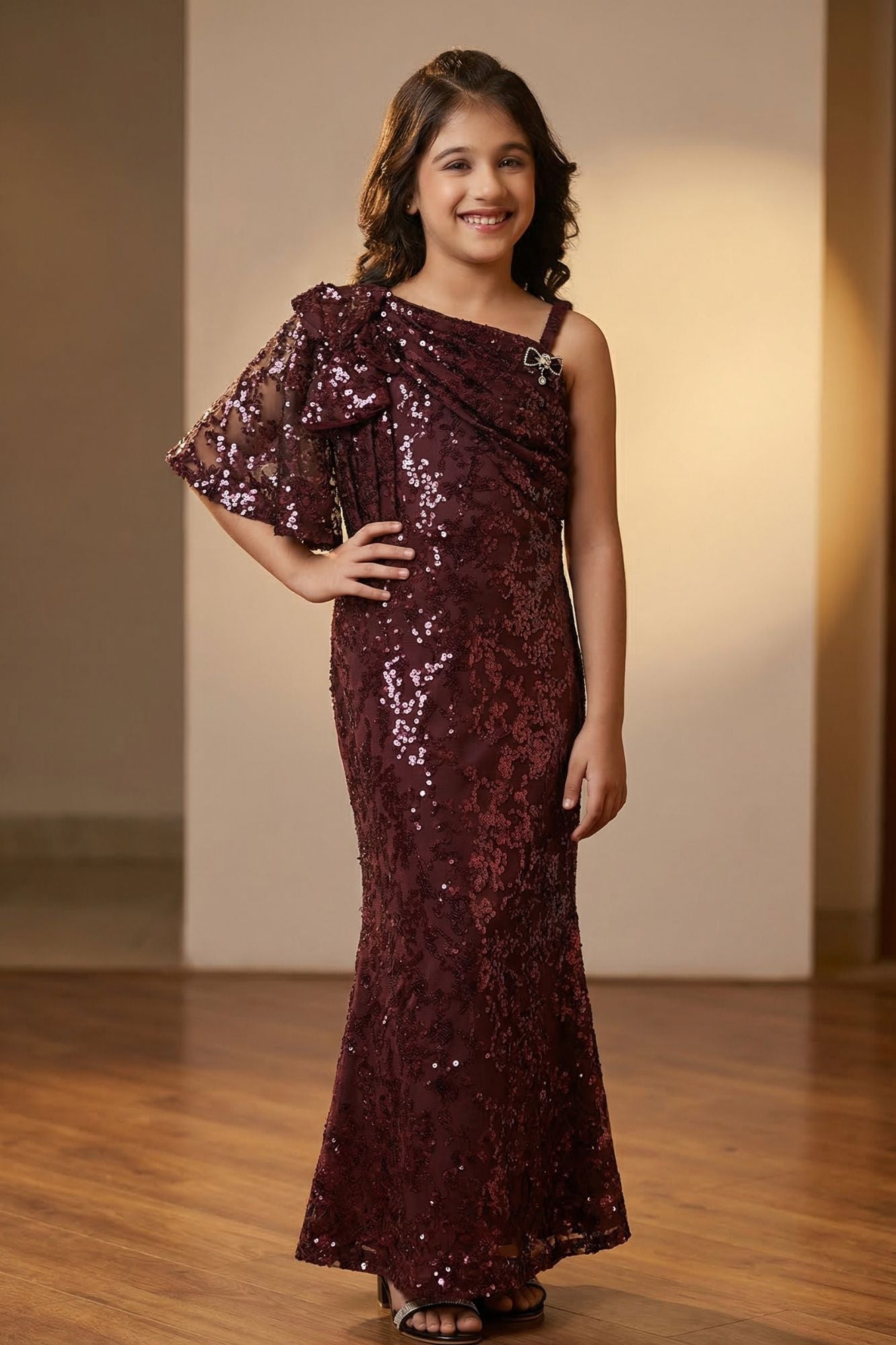Wine Sequin Embellished One-Shoulder Party Wear Gown For Girls