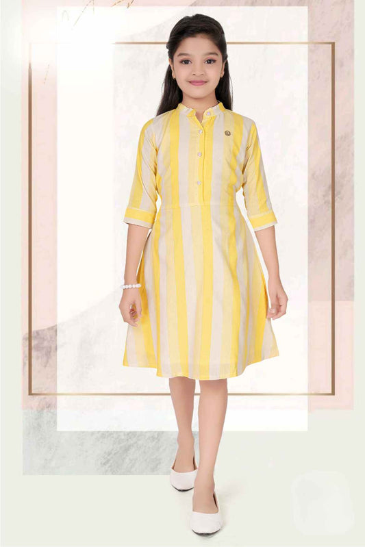 Yellow 3/4th Sleeves Stripe Frock For Girls