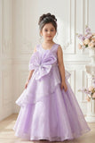 Girls Lavender Layered Party Wear Gown with Statement Bow