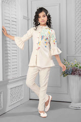 Stylish Cream Embroidered Co Ord Set For girls