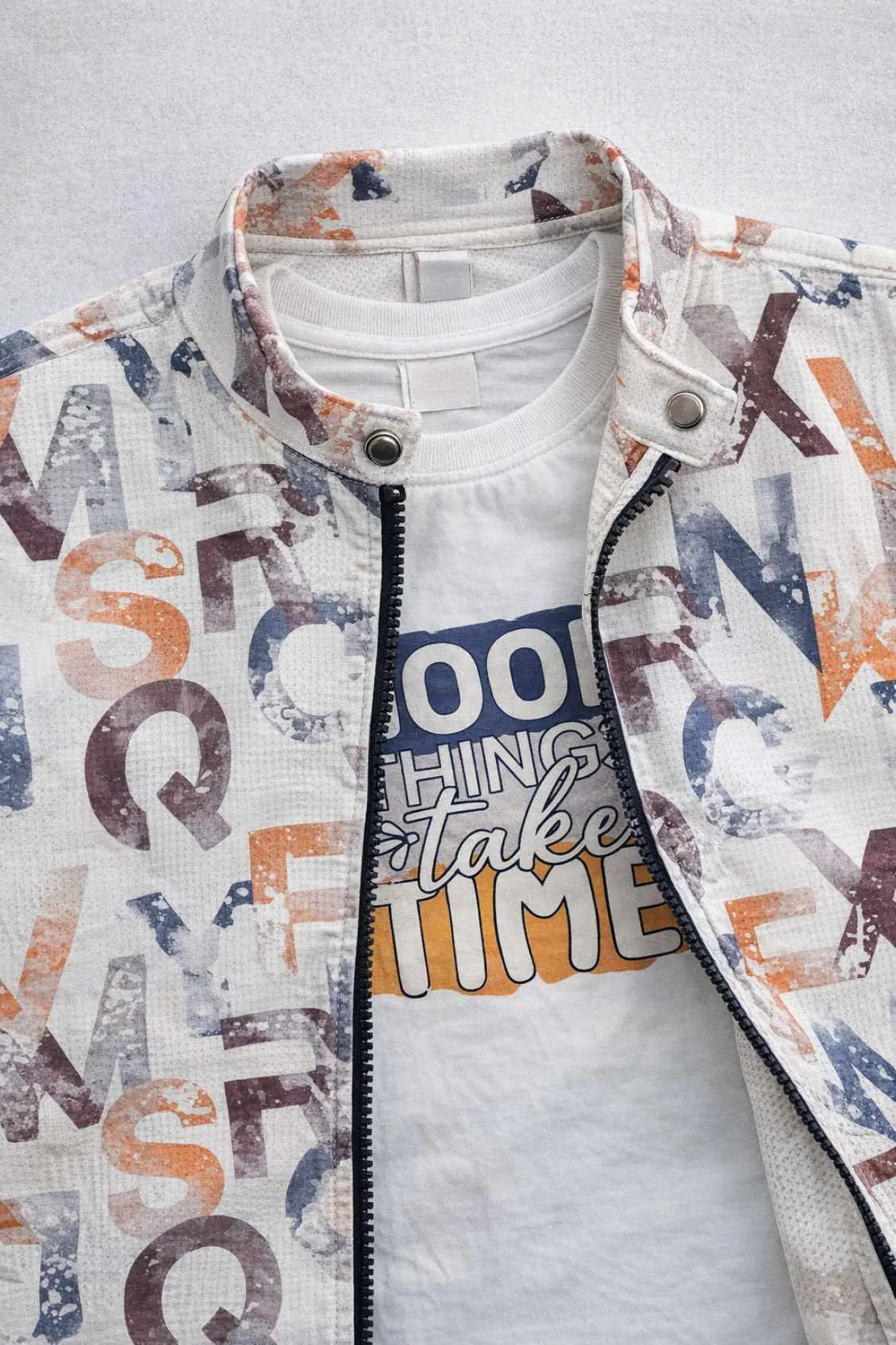 White Graphic Print T-Shirt & Multicolor Zip-Up Jacket Set For Boys
