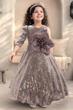 Mauve Sequin Party Frock with Oversized Floral Bow For Girls