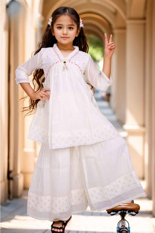 Cream Thread Work And Sequins Work Ethnic Sharara Set For Girls