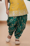 Mustard Sleeveless Kurti with Foil-Print Green Patiala And Dupatta For Girls