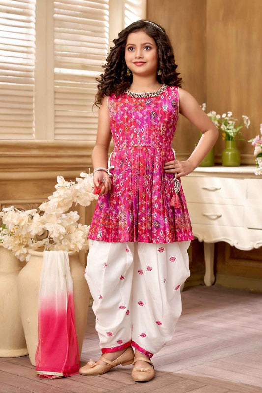 Pink Printed And Sequin Top With Dhoti Bottom Set For Girls