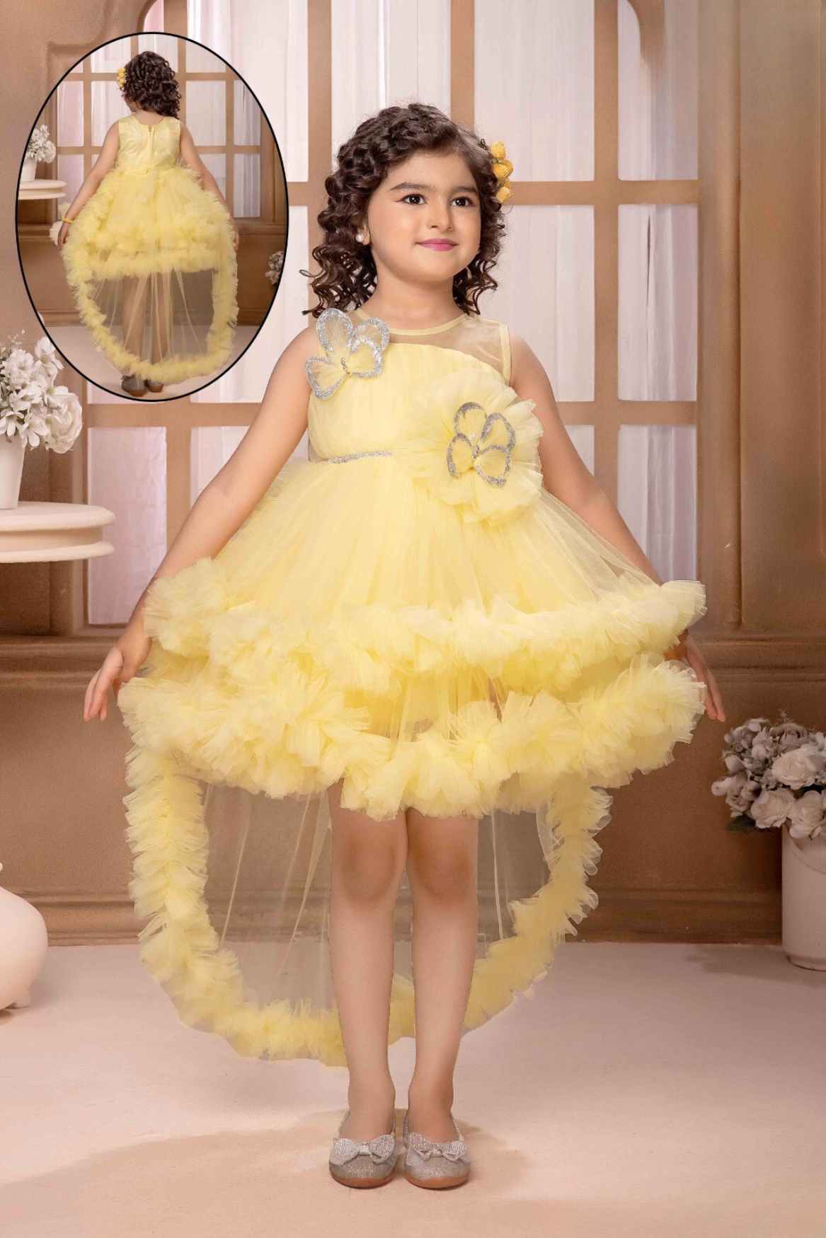 Lemon Yellow Sleeveless And Butterfly Embellished Tailback Frock For Girls