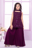 Wine Sequin Embroidered Palazzo Set with Dupatta For Girls