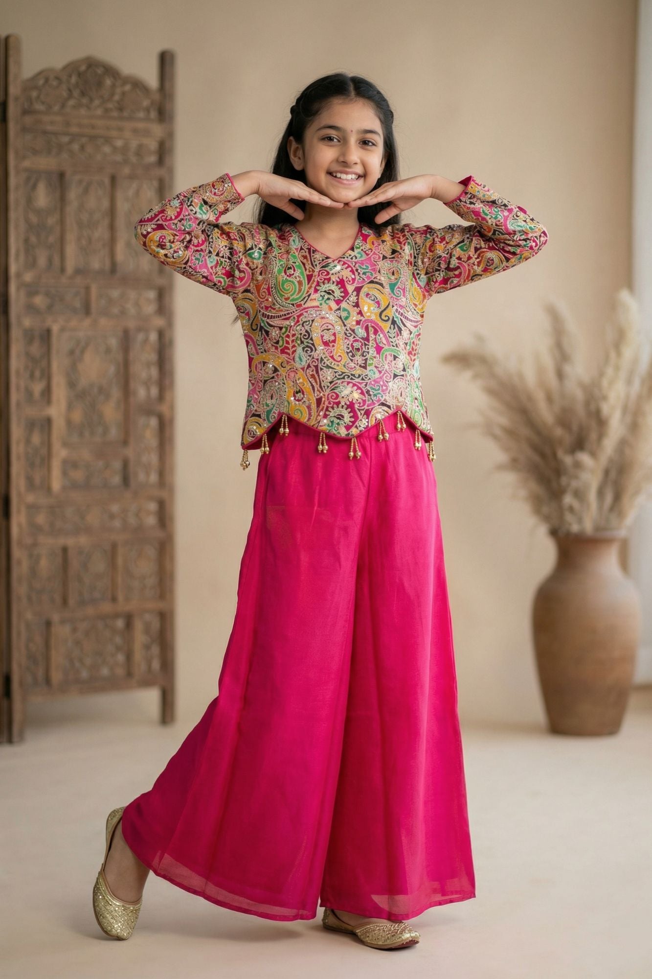 Rani Pink Palazzo Set with Multicolor Paisley Embroidered Top For Girls
