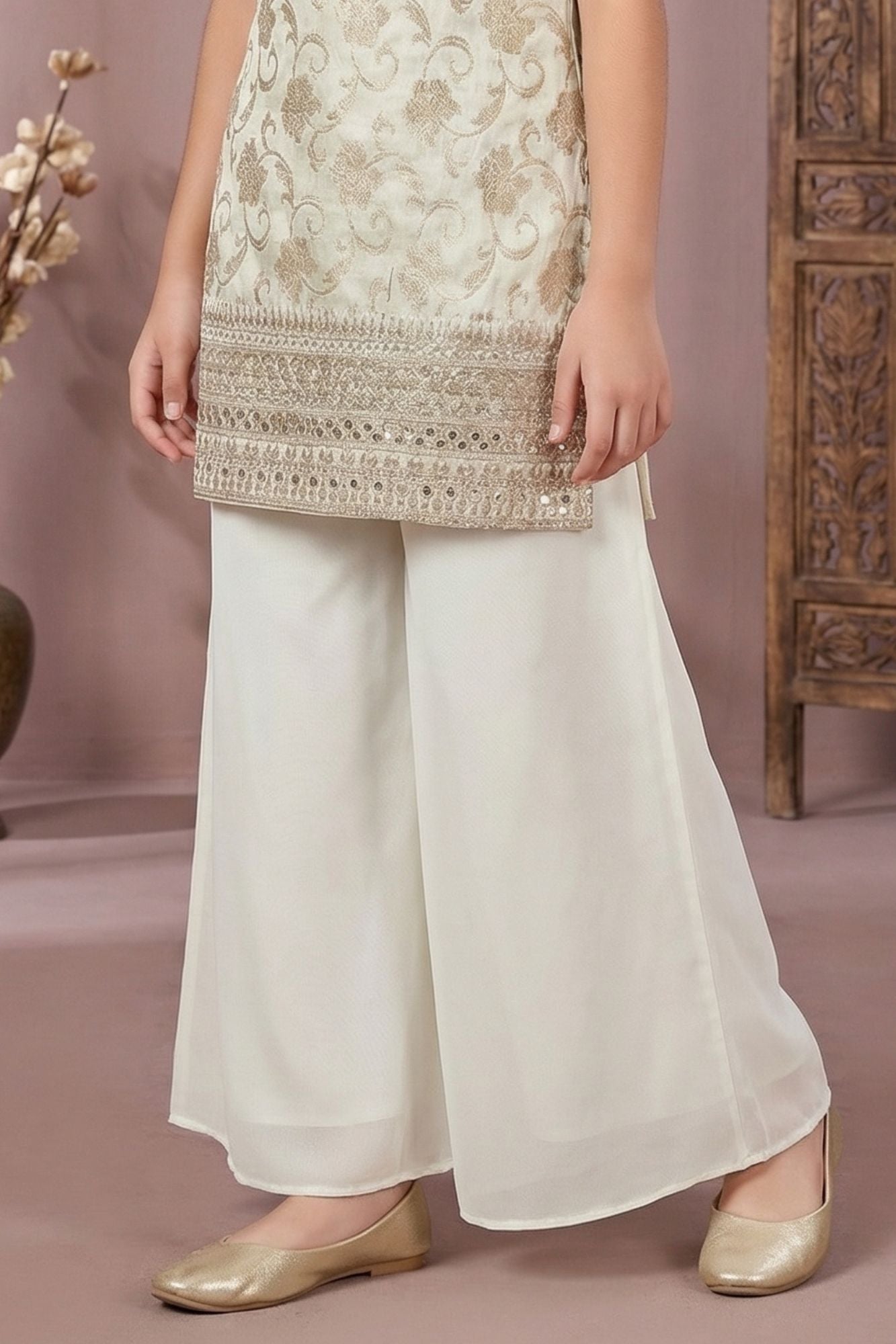 Cream And Golden Embroidered Palazzo Set For Girls