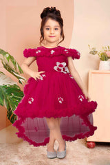 Charming Rani Pink Ruffle Tailback Frock with Floral Embellishments For Girls