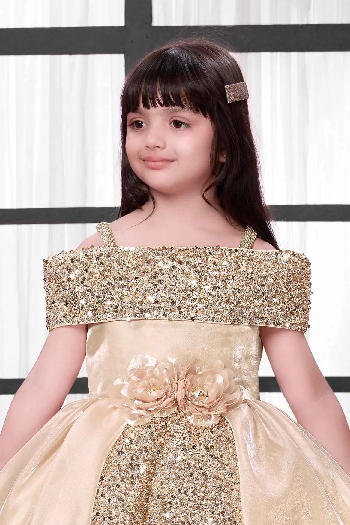 Fawn Sequined High-Low Party Wear Frock for Girls