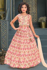 Pink Sequins Embroidered And Leaf Print Lehenga Choli Set For Girls