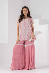 Pink Embroidered And Mirror Work Top With Sharara Set For Girls