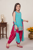 Blue And Pink Embroidered Patiala Suit Set With Dupatta For Girls