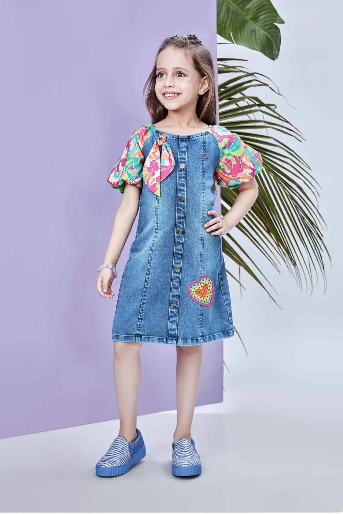 Denim Dress with Multicolor Puff Sleeves and Heart Patch For Girls