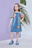 Denim Dress with Multicolor Puff Sleeves and Heart Patch For Girls