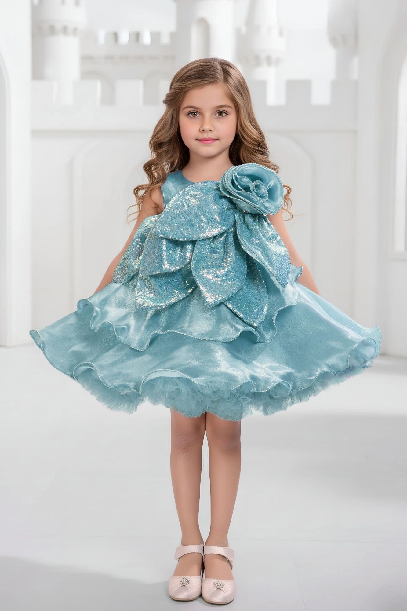 Sky Blue Embellished Glitter Bow Party Dress for Girls