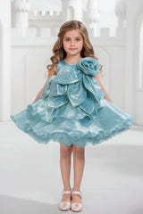 Sky Blue Embellished Glitter Bow Party Dress for Girls