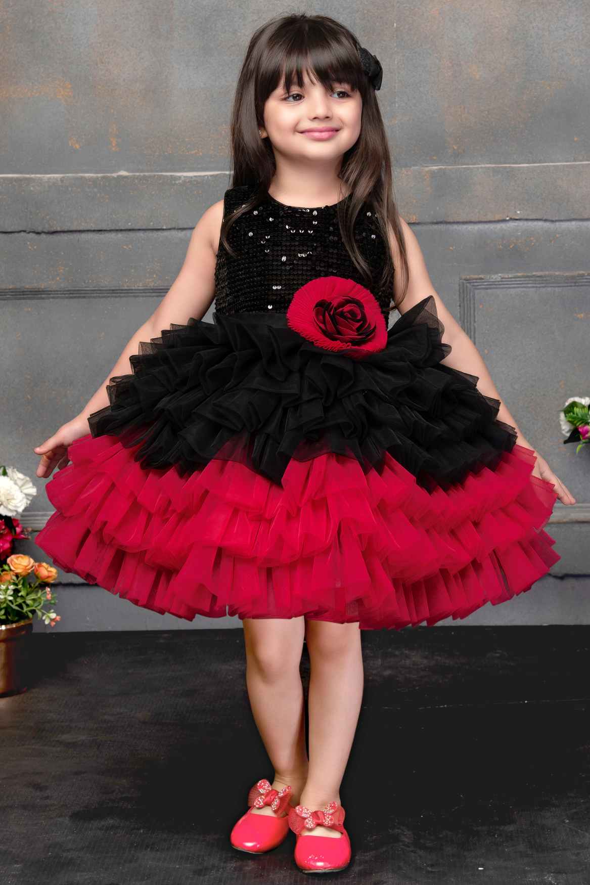 Red And Black Multilayered Partywear Frock For Girls