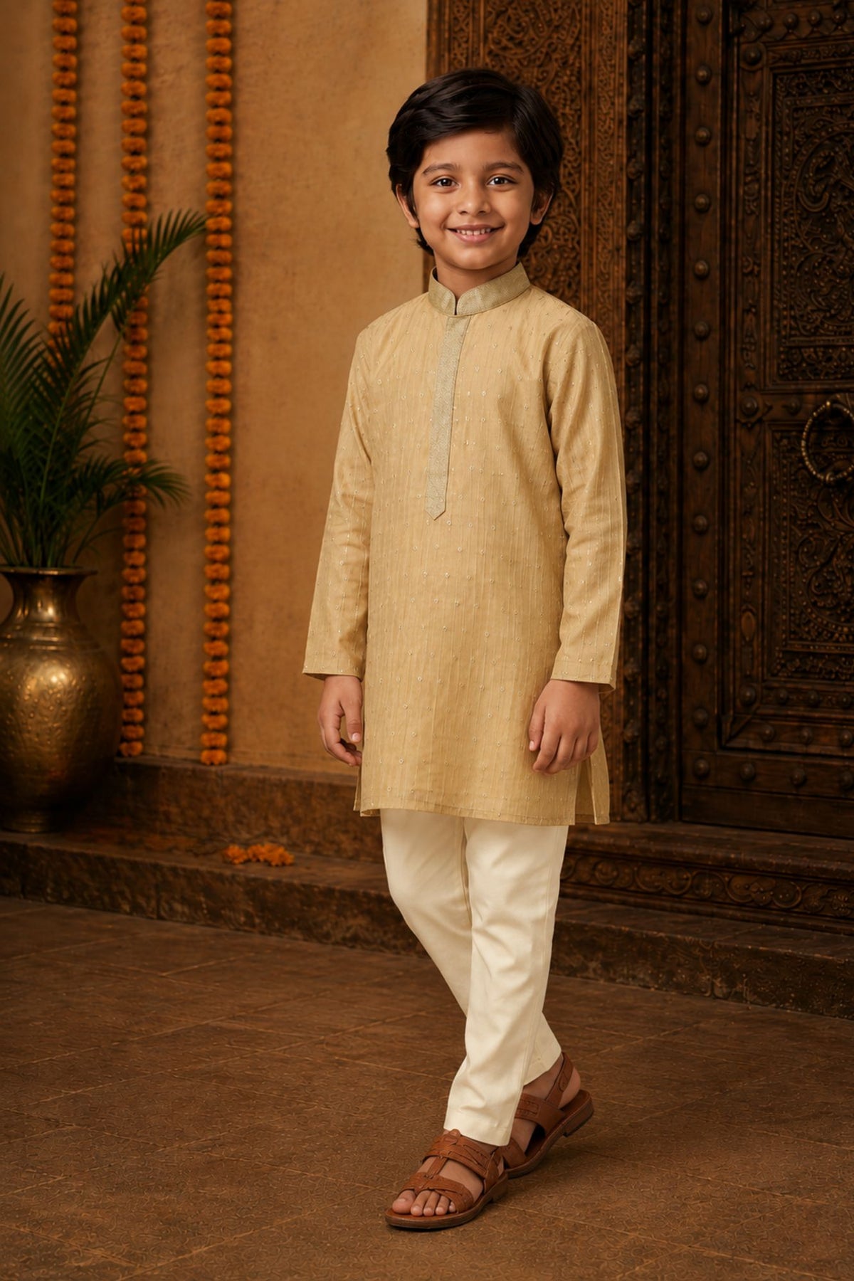 Boys Ethnic Cream Crushed Tissue Embriodered Kurta Pajama Set