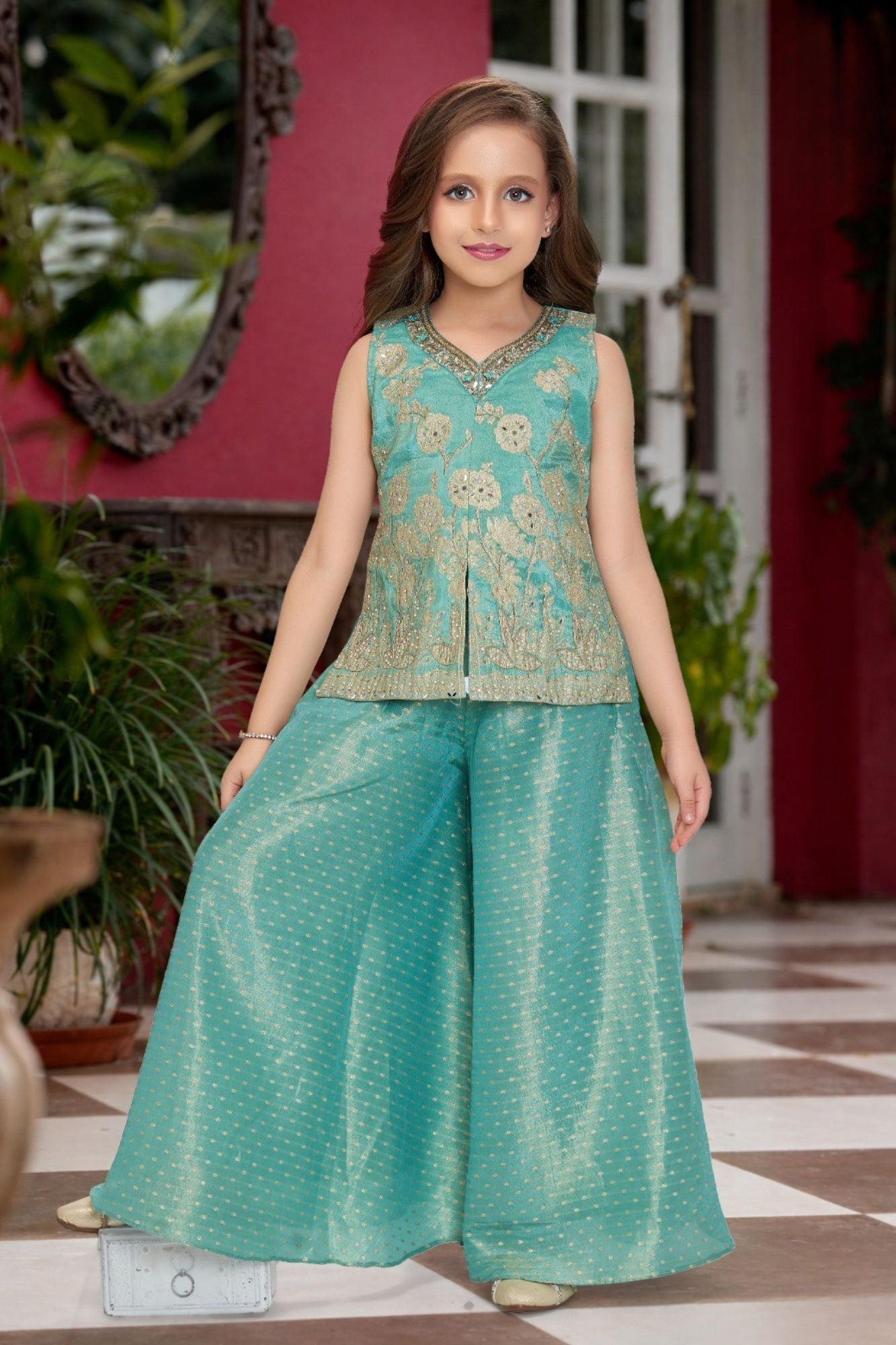 Sea Green Embroidered Top with Flared Palazzo Set For Girls