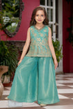 Sea Green Embroidered Top with Flared Palazzo Set For Girls