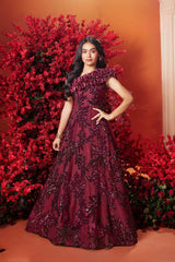 Elegant Maroon Sequined Partywear Gown For Girls