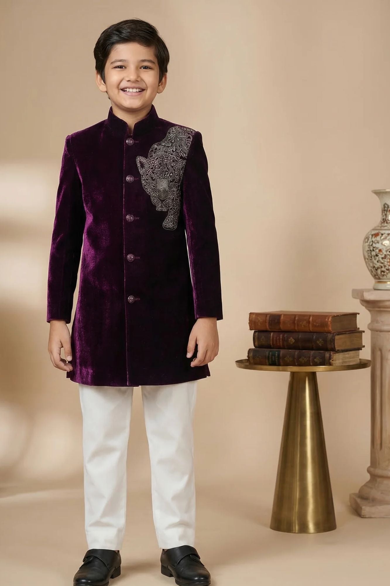Wine Sherwani Set with Tiger Embroidered Motif For Boys