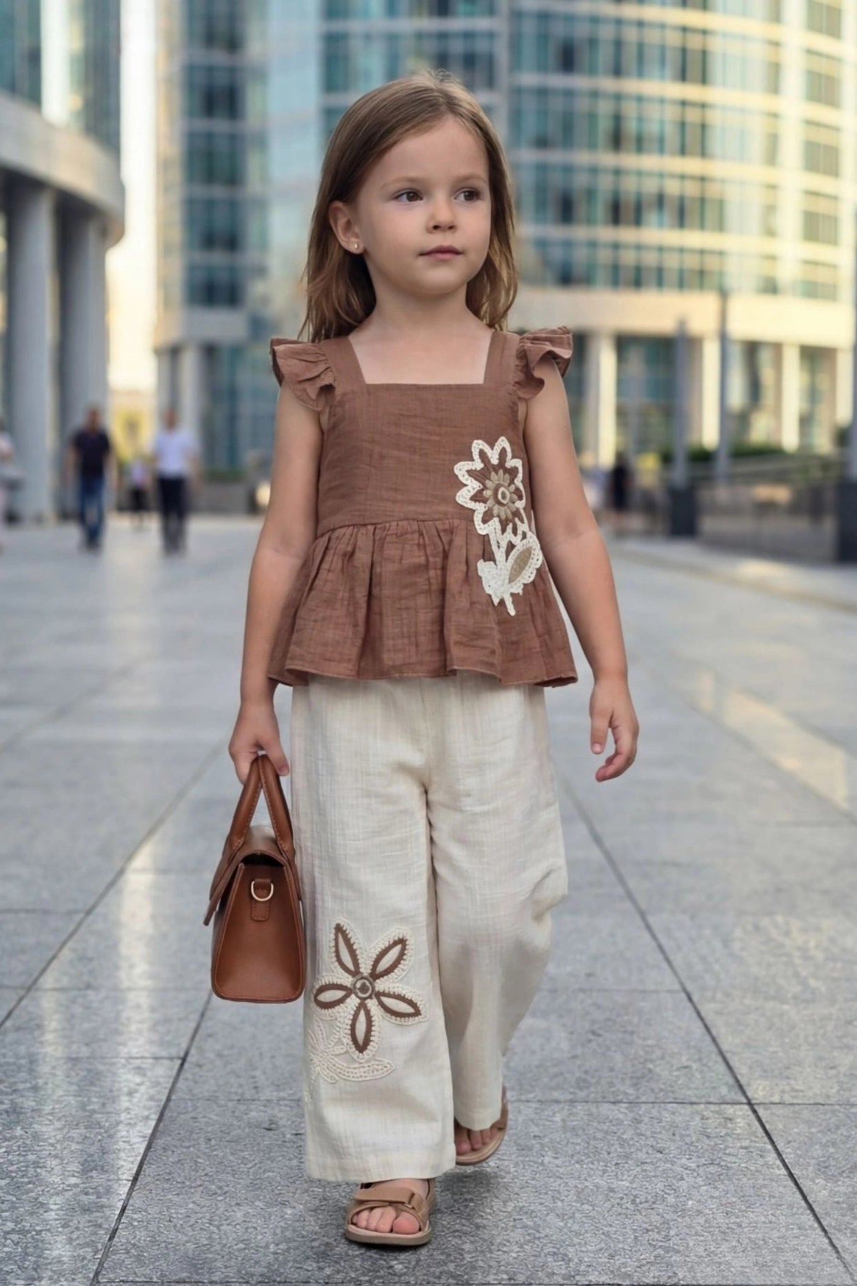 Girls Brown Stylish Peplum Top And Cream Pant Co-Ord Set