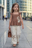 Girls Brown Stylish Peplum Top And Cream Pant Co-Ord Set