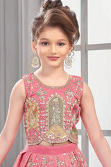 Pink Embroidered Lehenga Choli Set For Girls