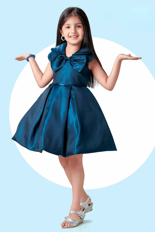 Blue Bow Embellished Party Wear Frock For Girls