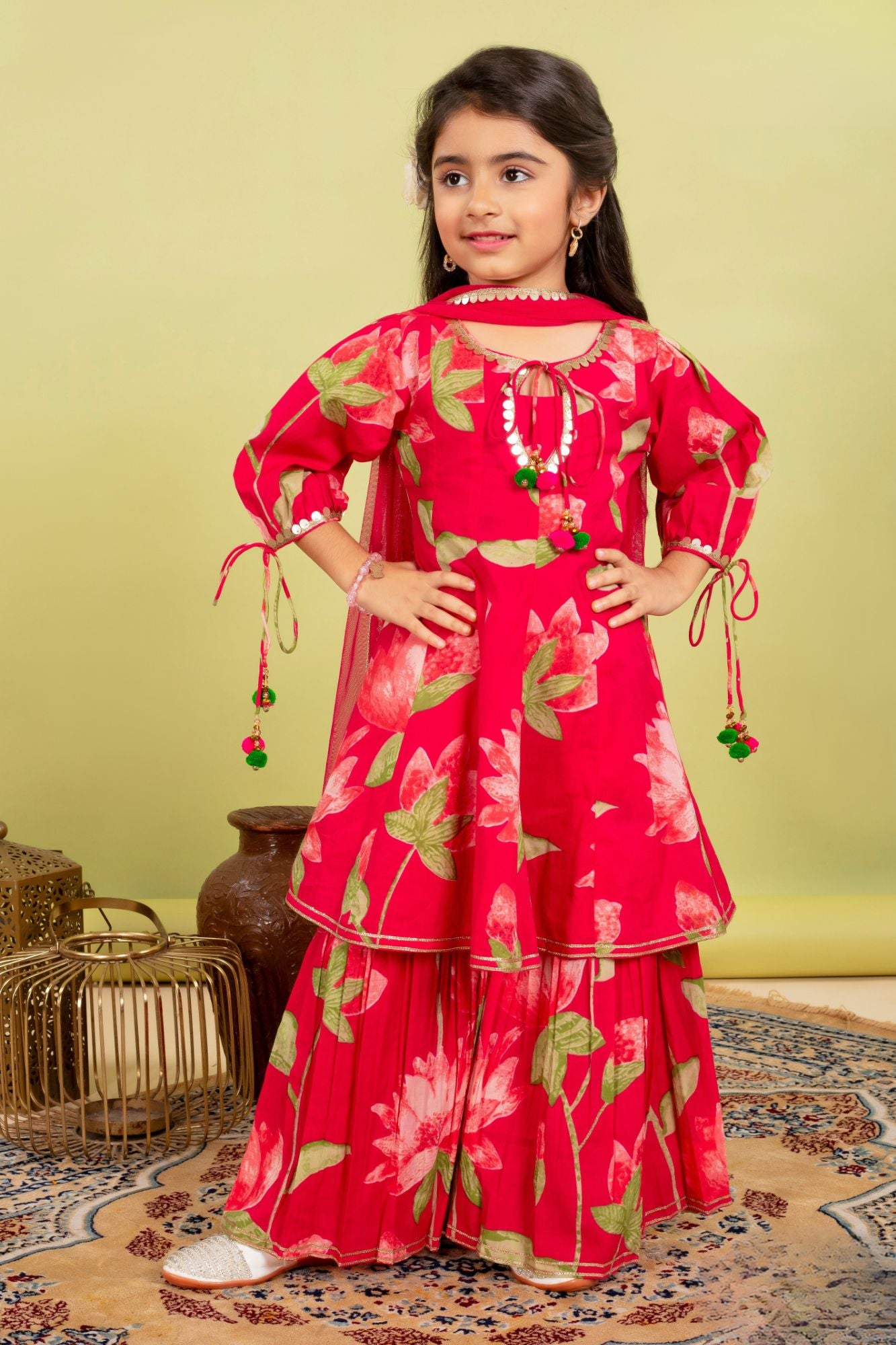 Girls Rani Pink Floral Print Sharara Set – Stylish Ethnic Wear