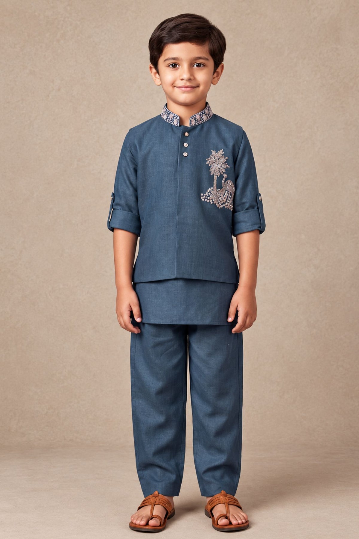 Boys Elegant Blue Embroidered Kurta Set With Nehru Jacket