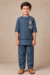 Boys Elegant Blue Embroidered Kurta Set With Nehru Jacket
