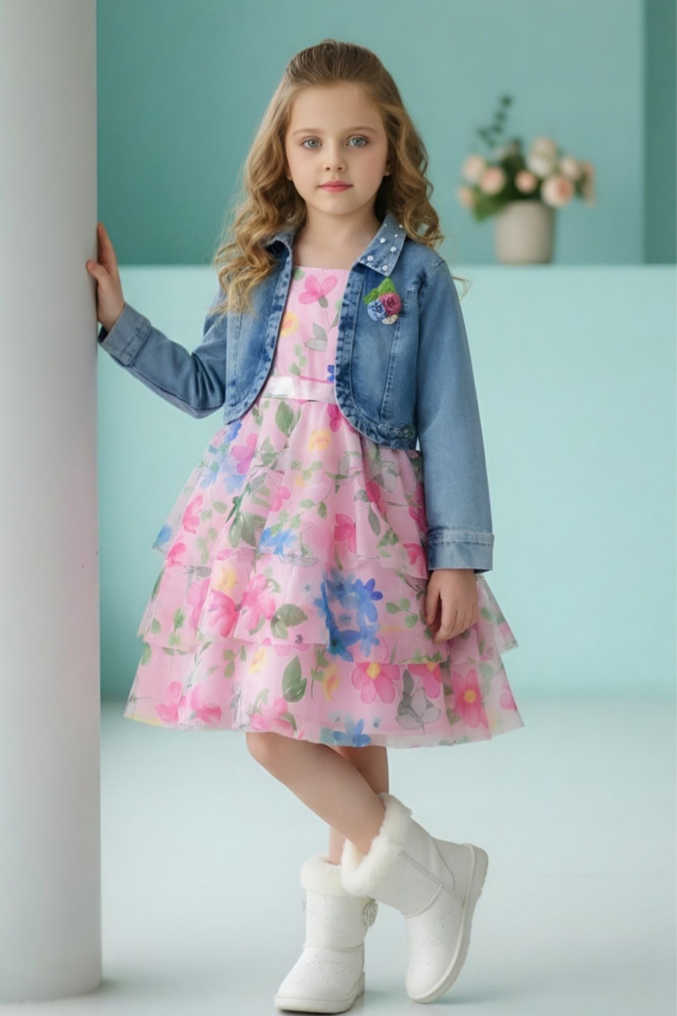 Pink Floral Layered Frock with Denim Jacket For Girls