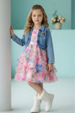 Pink Floral Layered Frock with Denim Jacket For Girls
