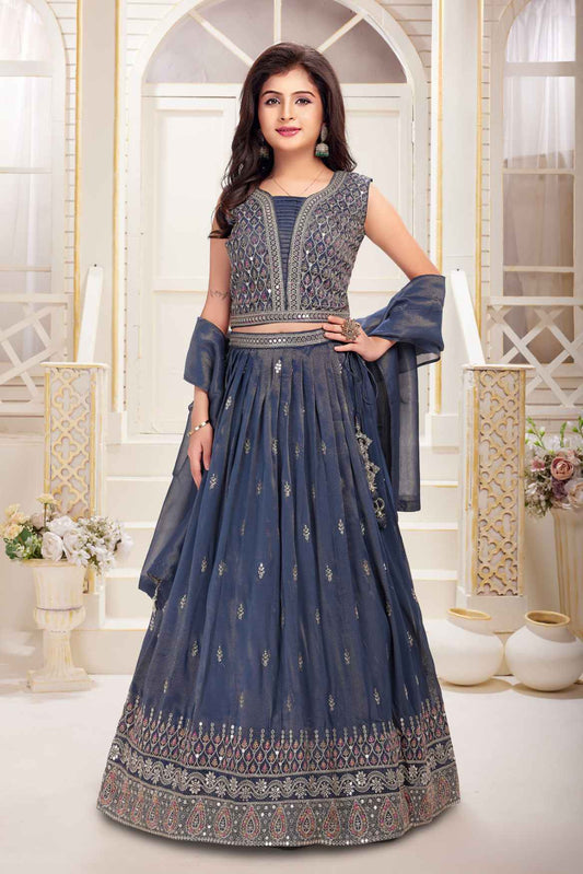 Grey Sequin and Embroidery Lehenga Choli Set For Girls