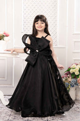 Black Bow Embellished With Stone Work Gown For Girls