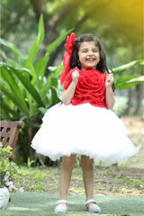 Red Sleeveless And Floral Embellished Layer Frock For Girls