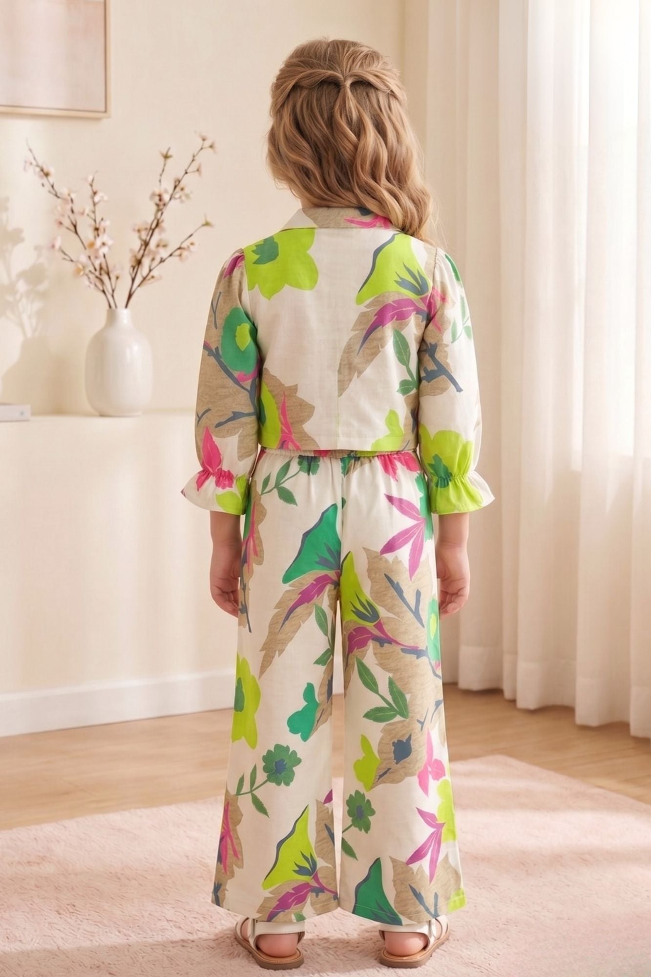 Girls Cream With Floral Printed Casual Co-Ord Set