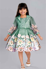 Olive Green Floral Printed And Floral Embellishment Frock For Girls