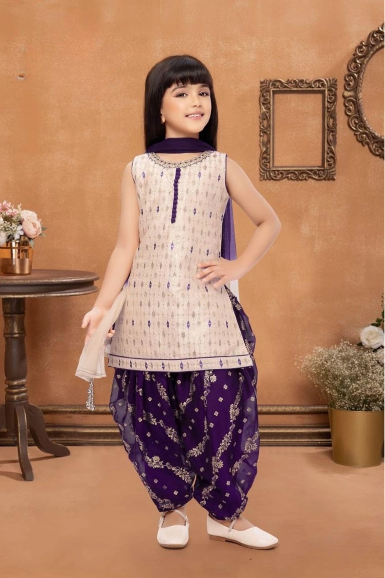 Cream and Purple Patiala Set With Embroidered Kurti And Dupatta For Girls